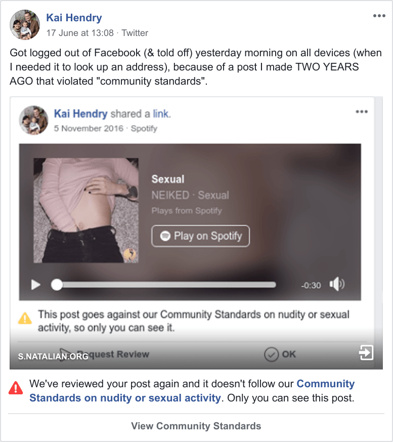 Facebook post that violated community standards